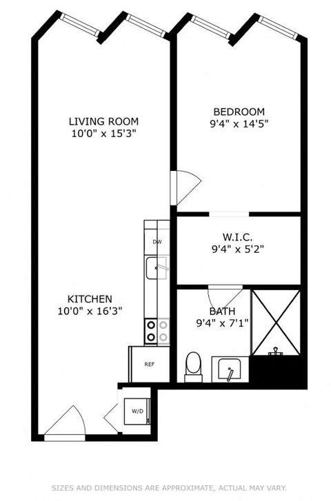 Floor plan for 1 bed, 1 bath, 605 sqft